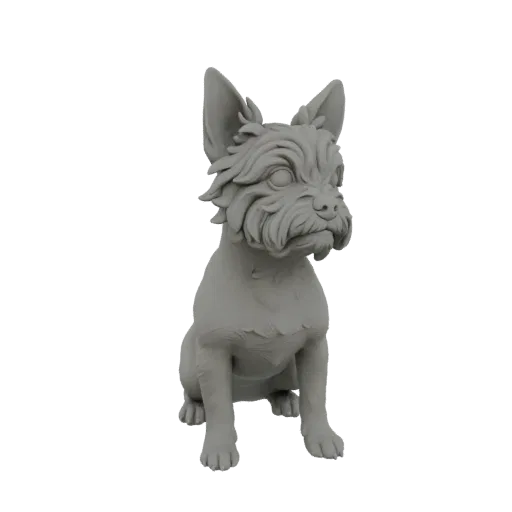 A 3D render of a stylized gray terrier dog sculpture sitting attentively, with detailed fur textures and a unique artistic de