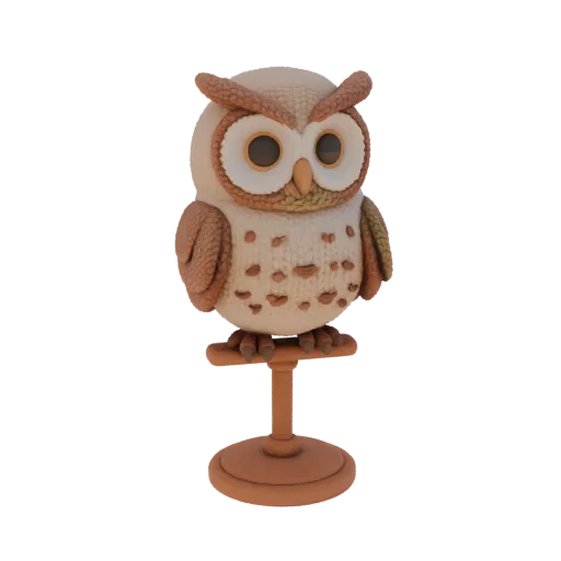 Modelo 3D de coruja de crochê com olhos grandes, sentada em um suporte marrom, em fundo preto.