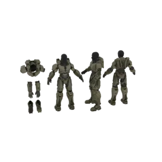 Modello 3D set armatura Spartan Halo con pezzi separati e tre figure Spartan complete su sfondo bianco.