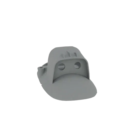 Un rendering 3D di un elmo futuristico grigio con una prominente visiera a doppie lenti e sottili creste superiori, su sfondo