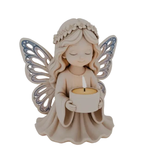 3D model of a serene angel figurine with closed eyes, holding a lit candle tea light holder, featuring delicate wings and a f