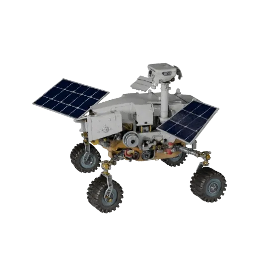 Mars Planetary Rover High Poly 3D model, close-up studio render, showing dusty wheels, vehicle stance.