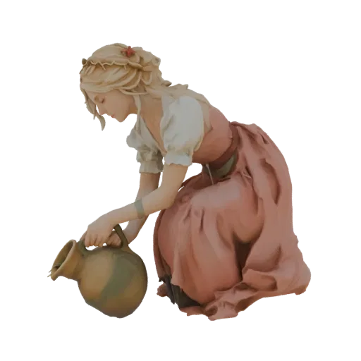 3D model of a young woman with blonde hair, wearing a pink dress, kneeling and holding a ceramic pitcher.