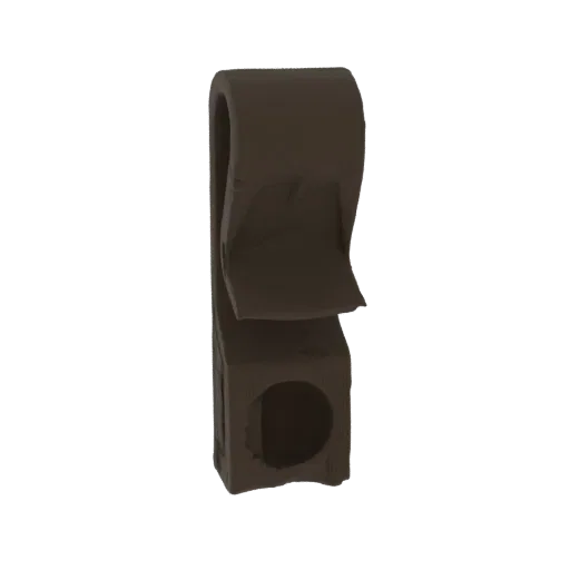 A 3D model of a modern toilet paper holder with a sleek, minimalist design, featuring an angular base and a curved arm.