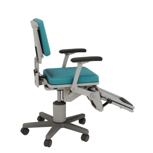 Clinic Exam Chair 3D model, side profile view, technical viewport render, showing painted metal, clinical silhouette.