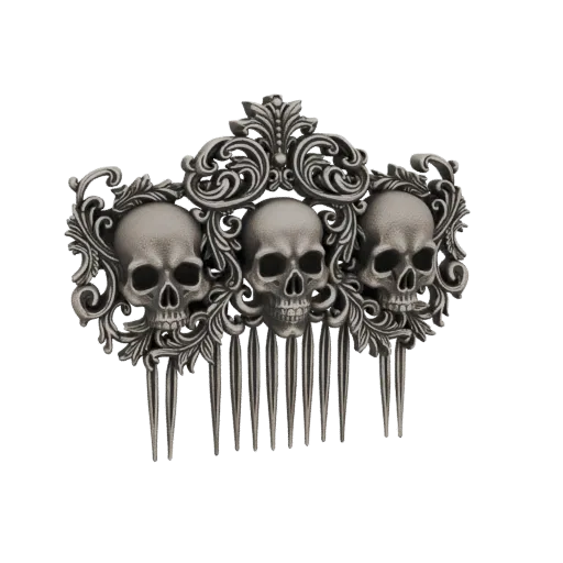 A 3D model of a gothic comb featuring three skulls with detailed scrollwork, presented on a black background.