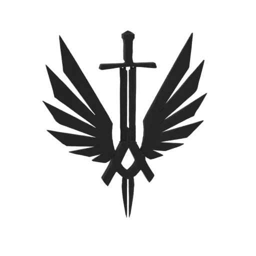 Modelo 3D de um emblema negro apresentando uma espada com asas abertas e um 'A' estilizado em sua base.