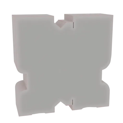 Render 3D de una escultura geométrica abstracta gris con ángulos agudos y planos entrelazados sobre fondo negro.