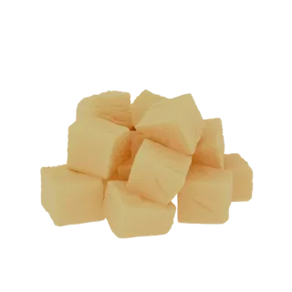 Ein Haufen realistischer 3D-Modell-Käsewürfel auf weißem Hintergrund.