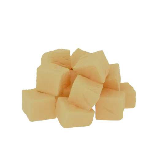 Una pila de cubos de queso realistas modelo 3D sobre fondo blanco.