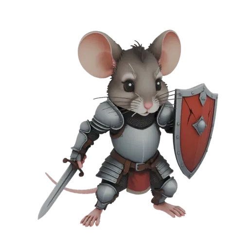 3D model of a mouse character dressed as a knight, wearing full plate armor, holding a sword and shield.