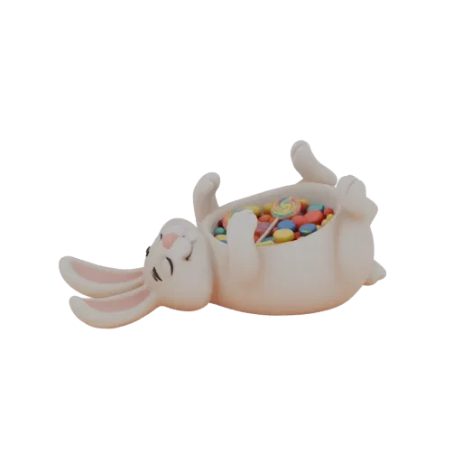 Modelo 3D de um coelho branco deitado de costas, barriga cheia de doces coloridos e um pirulito.