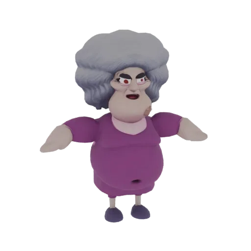 3D model of a grumpy old woman with a large grey afro hairstyle, wearing a purple dress, with arms outstretched in a T-pose.
