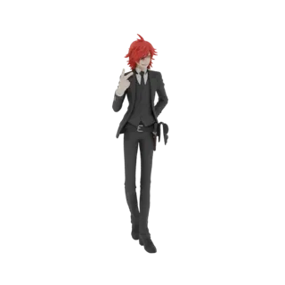 3D-Modell eines Anime-Gentlemans mit roten Haaren, der einen dunklen Anzug und eine Krawatte trägt und eine selbstbewusste Po