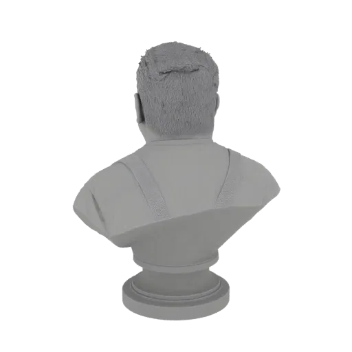 Back view of a gray 3D model bust of a man with short, textured hair and suspenders, mounted on a pedestal.