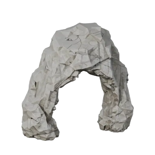 Limestone Cave Mouth Low Poly 3D model, game viewport three-quarter view, showing stratified stone, rock faces.