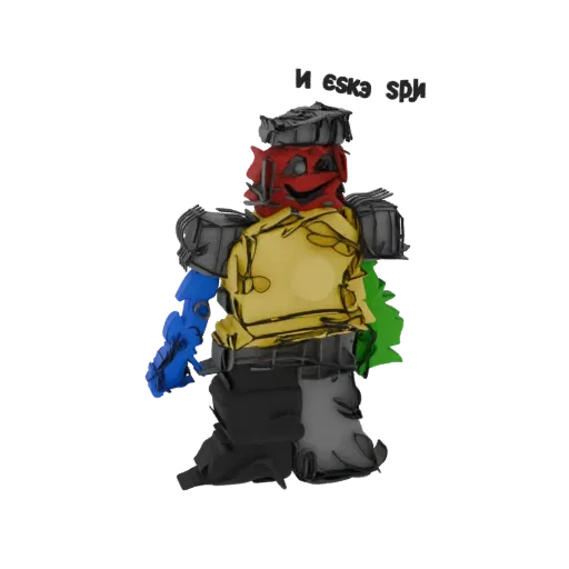 3D model of an abstract character with segmented red, yellow, blue, green, black, and grey sections, featuring subtle text on