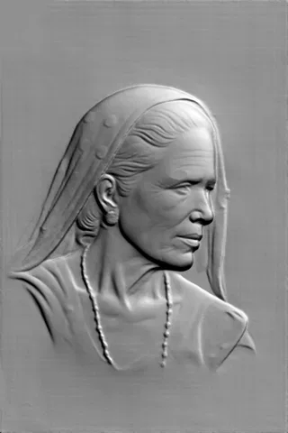 3D model of an elderly woman bas-relief in a headscarf and beads, side view