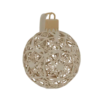 Modèle 3D d'une boule de Noël beige avec un motif complexe en filigrane ajouré et un capuchon doré.