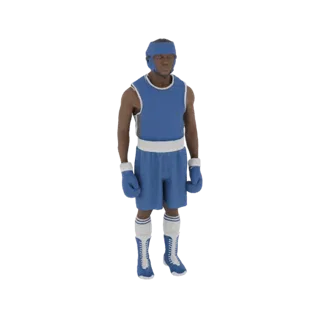 Modelo 3D de un boxeador aficionado con uniforme azul, casco y guantes, de pie sobre un fondo blanco.