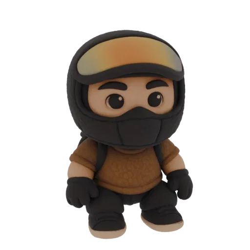3D model of a stylized soldier character wearing a black helmet with orange goggles and a black face mask, brown shirt, and b