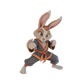Modelo 3D de un conejo marrón con un gi de artes marciales, en pose de combate con los puños en alto.