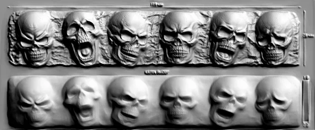 3D model of a horror-style bas-relief with seven skulls, showcasing detailed textures and dark aesthetics.