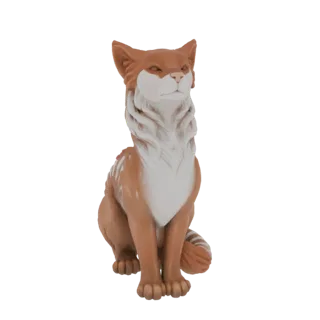 3D model of a stylized fox sitting upright, with a fluffy mane and tail, and a serene expression.