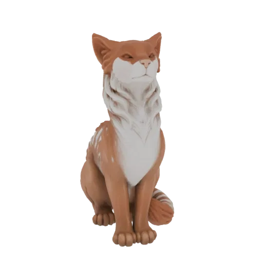 Modelo 3D de uma raposa estilizada sentada ereta, com juba e cauda fofas, e expressão serena.