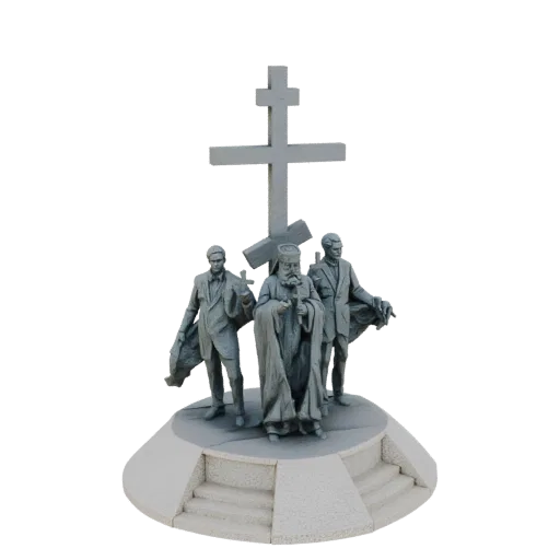 Modello 3D monumento clero ortodosso con tre figure e grande croce su base in pietra, renderizzato su sfondo nero.