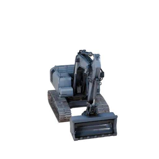 Mining Excavator 3D model, side profile view, technical viewport render, showing painted steel, form detail.