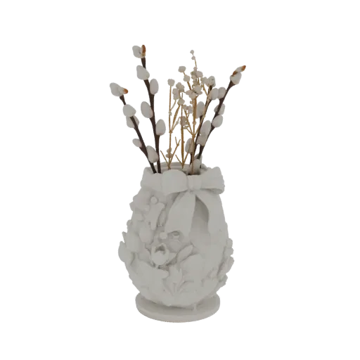 3D model of a white Easter egg-shaped vase with a bow and pussy willow branches, featuring floral reliefs.