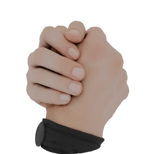 3D model of two hands clasped together in prayer, with a black band around one wrist, set against a black background.