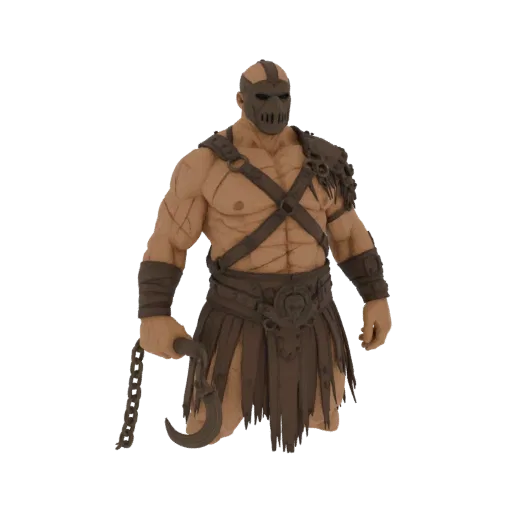 3D model of a brutal warrior with a menacing mask, muscular body, and a scythe weapon, rendered against a black background.