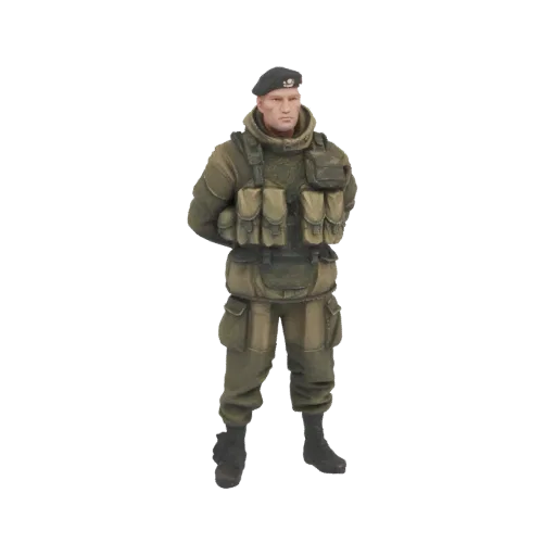 Modelo 3D de soldado moderno com colete tático e boina, em pé com as mãos atrás das costas.