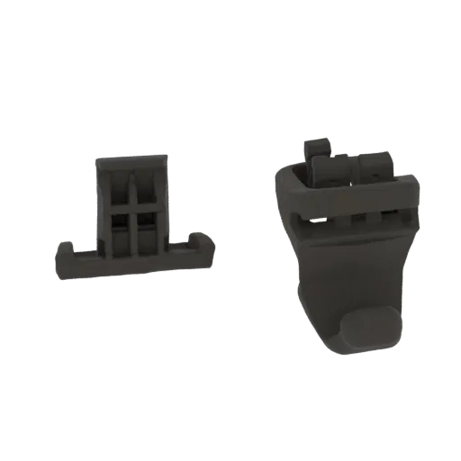 3D model render of two dark gray plastic car sun visor clips, one T-shaped and one hook-shaped, against a white background.