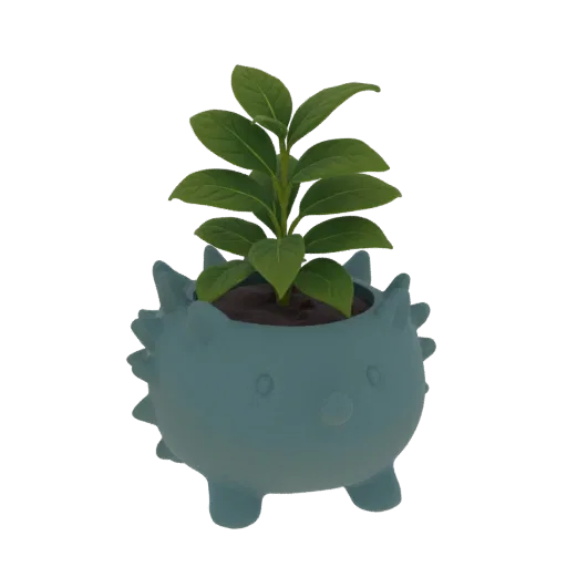 3D model of a cute teal blue hedgehog planter with green leaves and soil, standing on four feet.