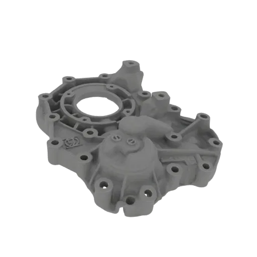 A 3D render of a grey, industrial cast metal pump housing with visible bolt holes and internal structures, set against a blac