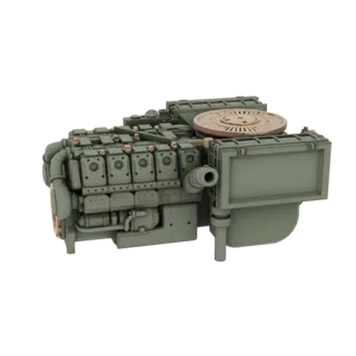 3D model of a heavy industrial diesel engine with multiple cylinders and exhaust pipes, rendered in an industrial green color