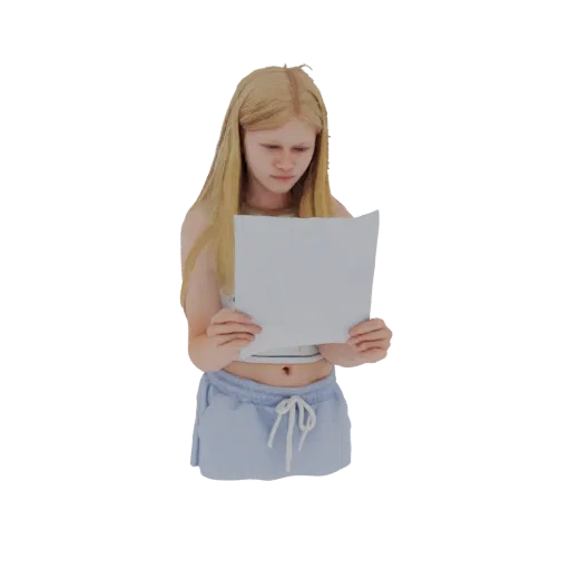 3D model of a young girl with blonde hair, wearing a crop top and blue sweatpants, holding and reading a white sheet of paper
