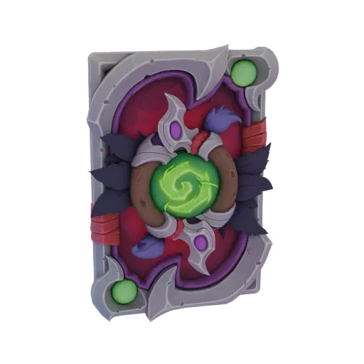 3D model of a dark fantasy tome with a glowing green orb at its center, surrounded by metallic claws and dark foliage.