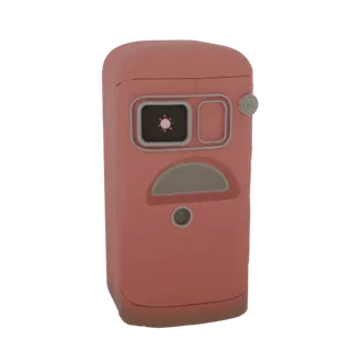 Modèle 3D d'un appareil photo numérique rose rétro avec un design vintage, un écran avec une icône de soleil et un cadran lat