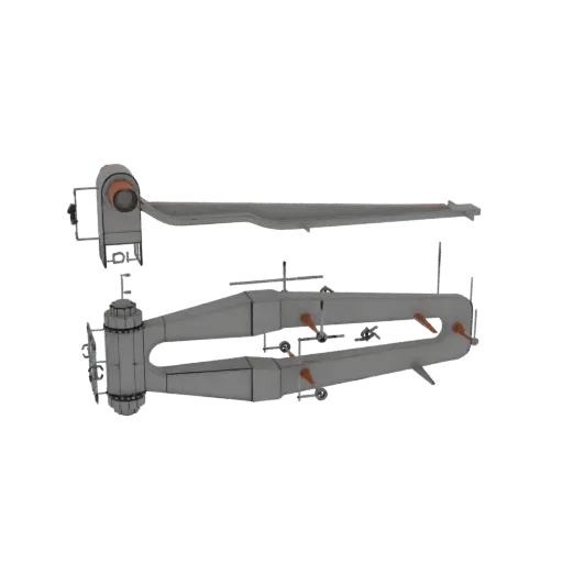 3D model of a World War 1 biplane, viewed from a side angle, showing its twin wings and propeller.