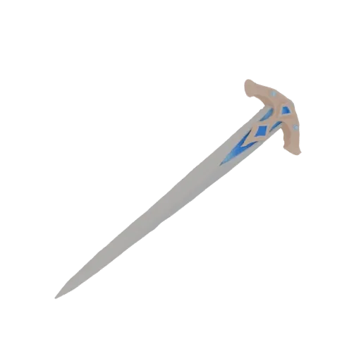 3D model of a fantasy sword with a light-colored hilt featuring blue gemstone accents and a long, sharp blade.