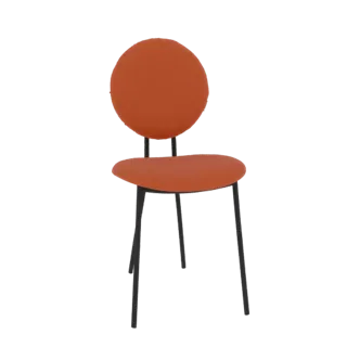 Modelo 3D de una silla moderna naranja con respaldo circular y finas patas de metal negro, sobre un fondo blanco.