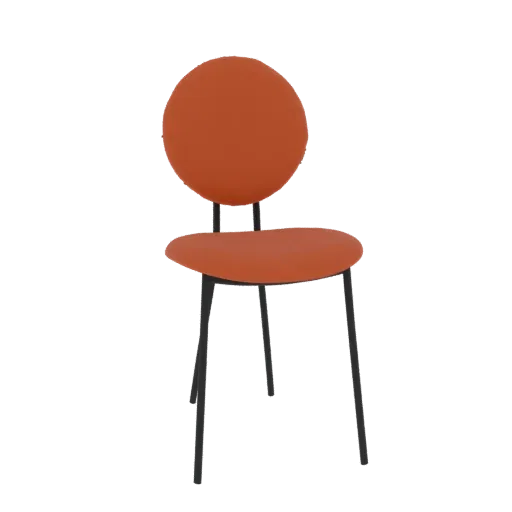 3D model of a modern orange chair with a circular backrest and thin black metal legs, set against a white background.