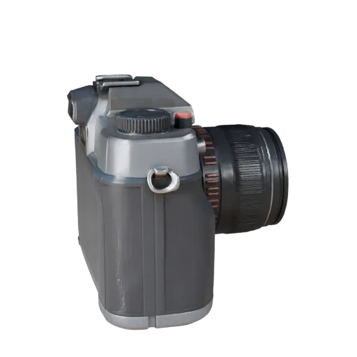 Modello 3D stilizzato di Fotocamera Drone Vintage, rendering isometrico stilizzato, che mostra impugnature testurizzate, barilotti dell'obiettivo.