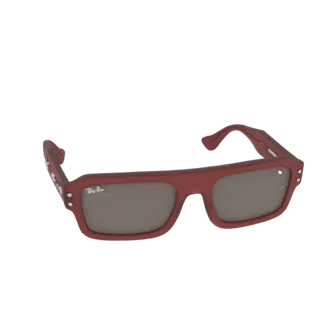 3D model of red rectangular sunglasses with silver stud accents and a Ray-Ban logo on the lens, viewed from a slight angle.