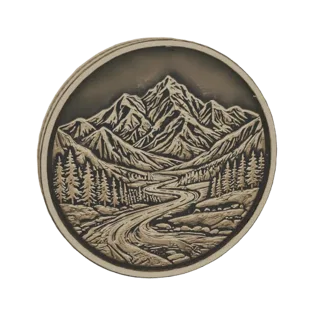3D model of a circular relief featuring a mountain range, a winding river, and pine trees, rendered in a detailed, carved sty