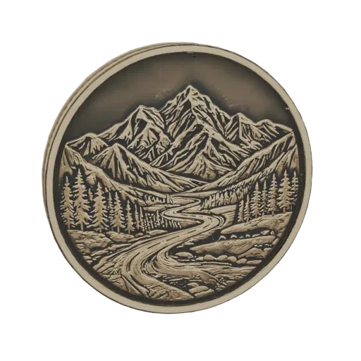 3D model of a circular relief featuring a mountain range, a winding river, and pine trees, rendered in a detailed, carved sty